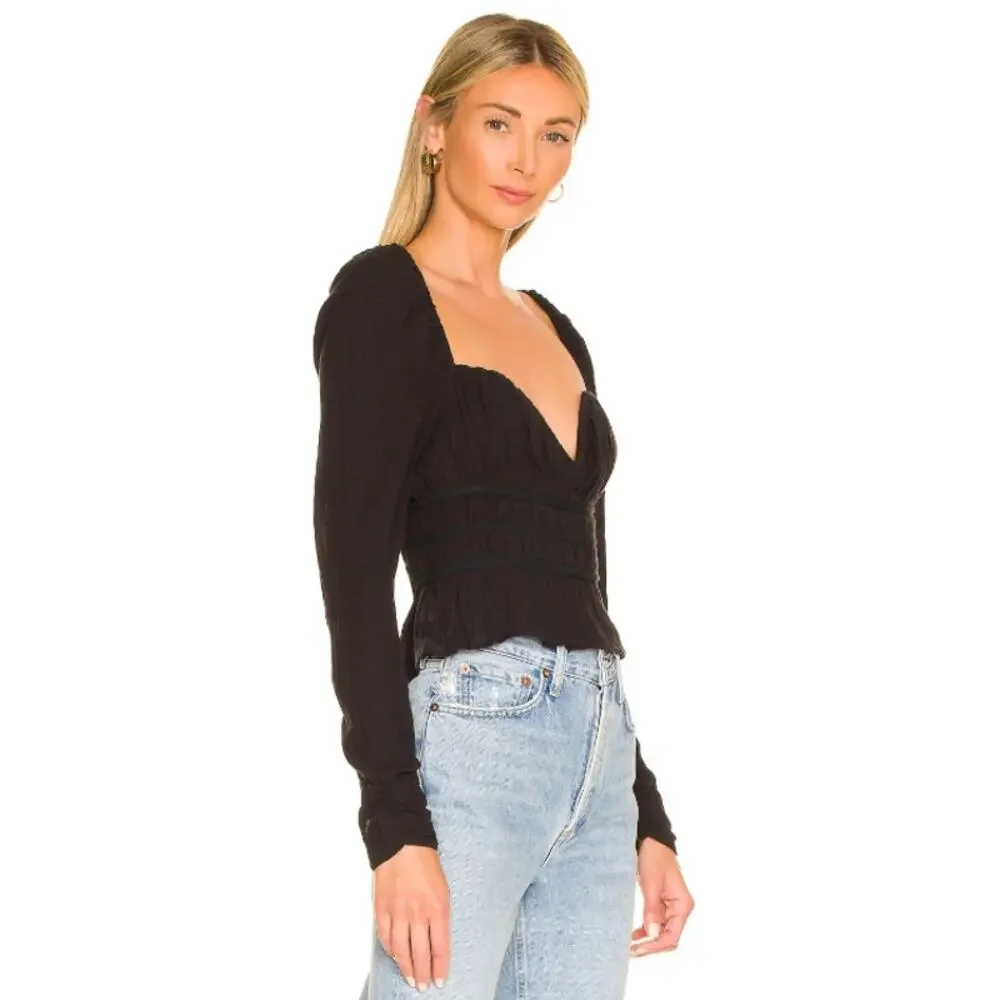 Free People Chloe Top Sweetheart Ruffle Smocked Puff Sleeve Blouse NWT